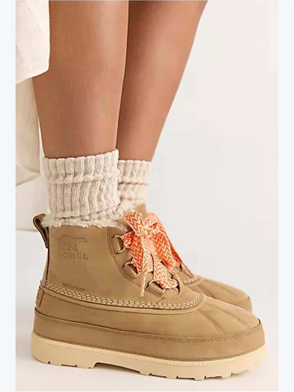 Sorel Tan Lace-Up Waterproof Ankle Boots with Orange Patterned Laces